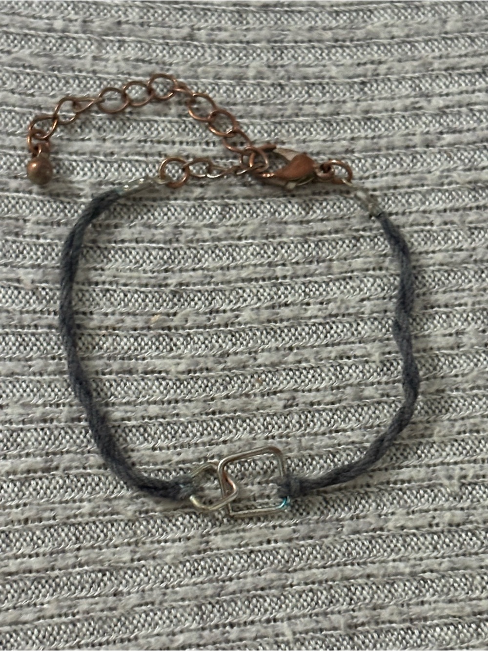 Vintage black cord adjustable chain bracelet w 2 silver tone intertwined squares